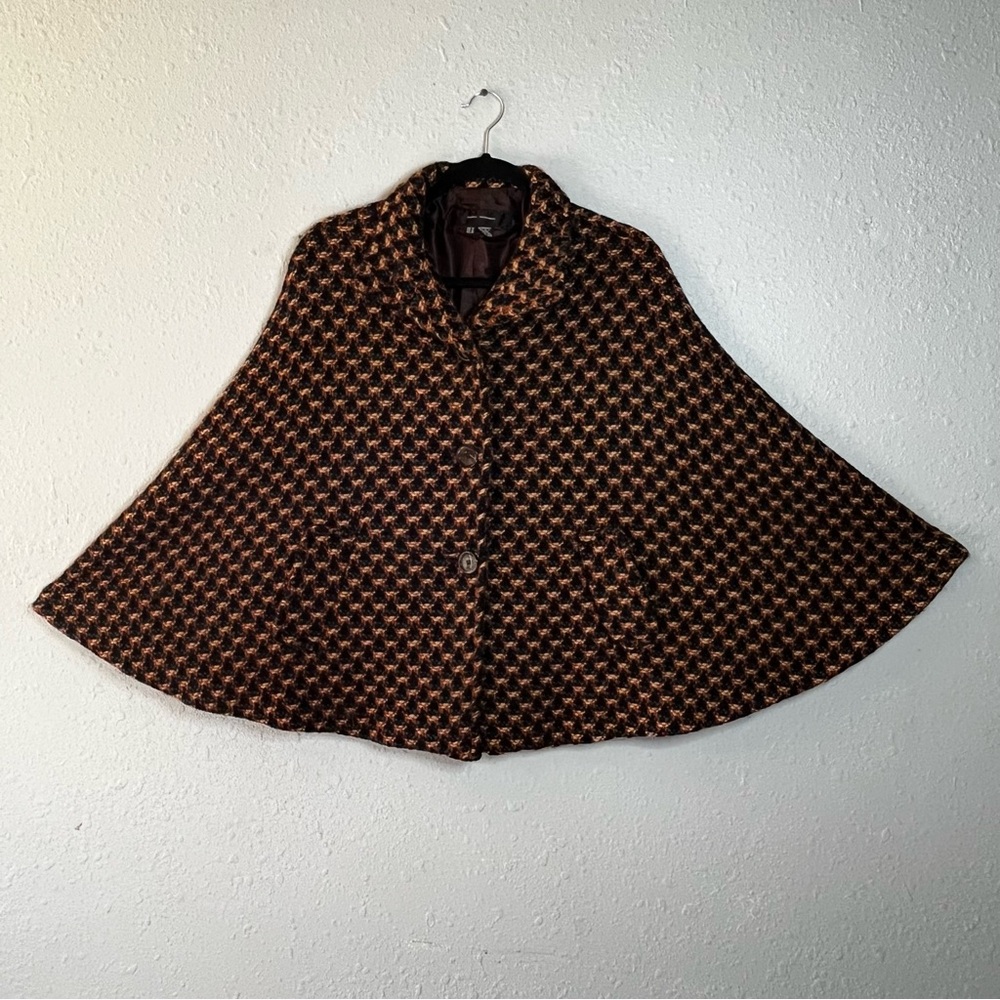 Zara Wool Cape Jacket |Textured Brown Black Teal Gold Statement Coat M - Picture 6 of 10
